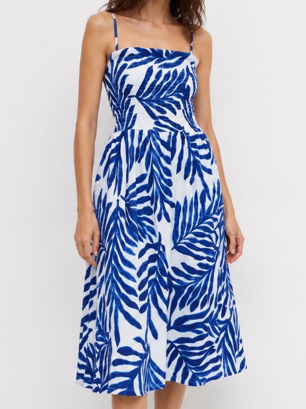 H&M Navy Blue/White Smock Topped Leaf Print Spaghetti Strap Midi Dress